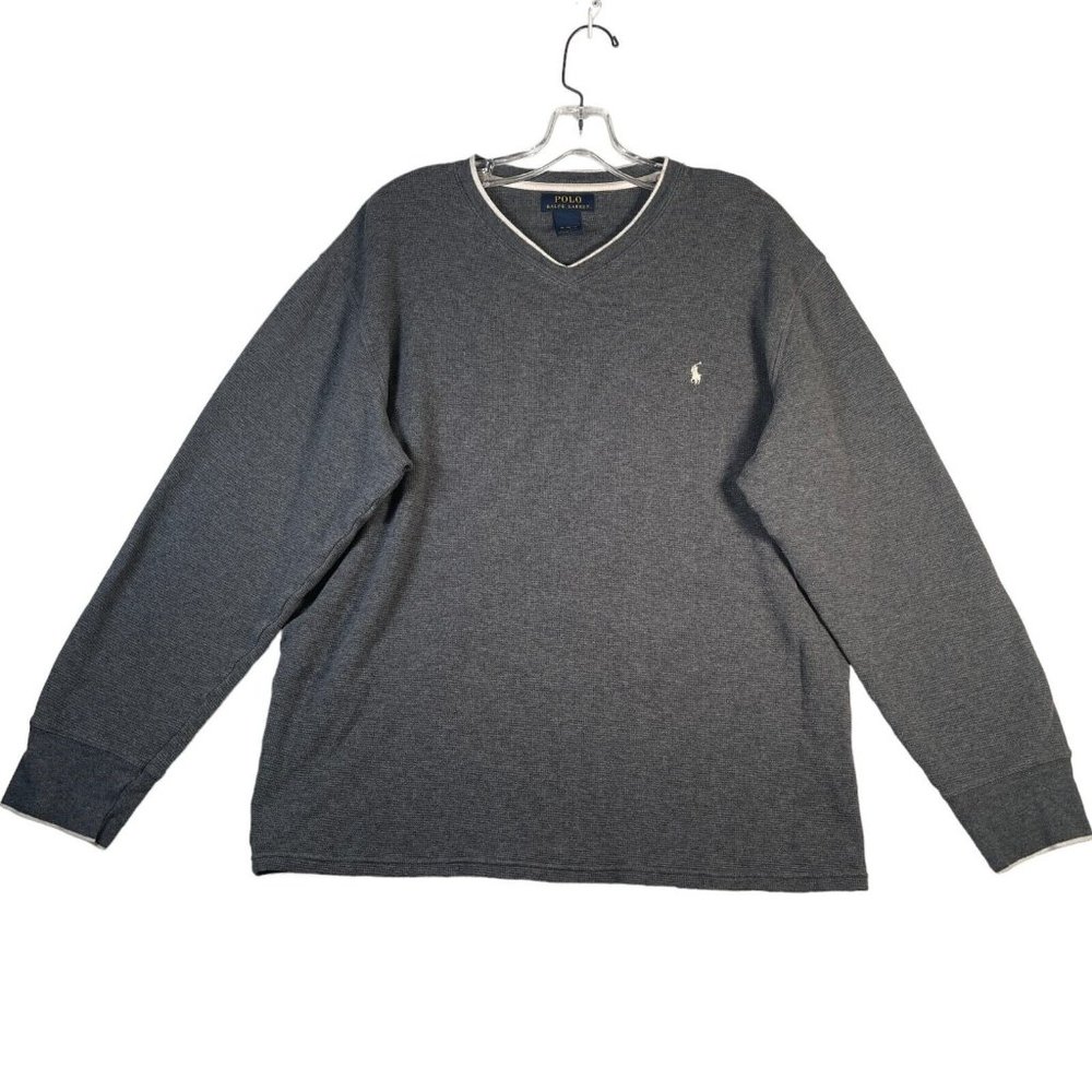 Polo‎ Ralph Lauren Mens Thermal Shirt 2XL Gray V Neck Long Sleeve Pullover Logo